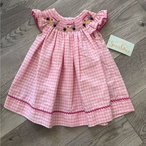 Southern Sunshine Pink Gingham Smocked Girls Dress with Floral Embroidery